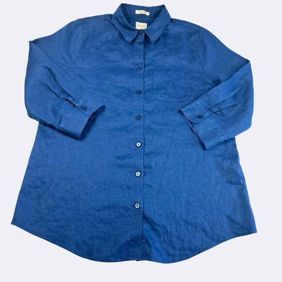 Chicos No Iron Linen Shirt Blue Button Down 3/4 Sleeve Collared Top Small .5 - Picture 1 of 10